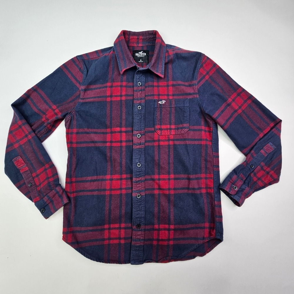 Hollister Flannel Shirt Mens Medium Navy Blue Red Plaid Button Down Long Sleeve